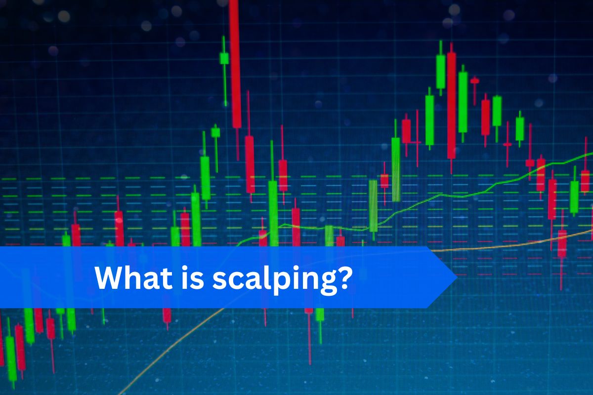 Image showing a candlestick chart with green and red bars, representing price movements, overlaid with the text 'What is scalping?' in a blue banner.
