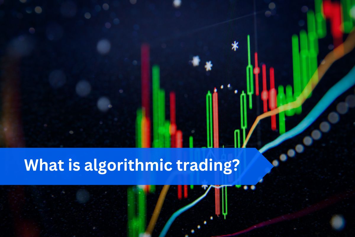 A digital financial chart with candlestick patterns and a moving average line, overlaid with the text 'What is algorithmic trading?'