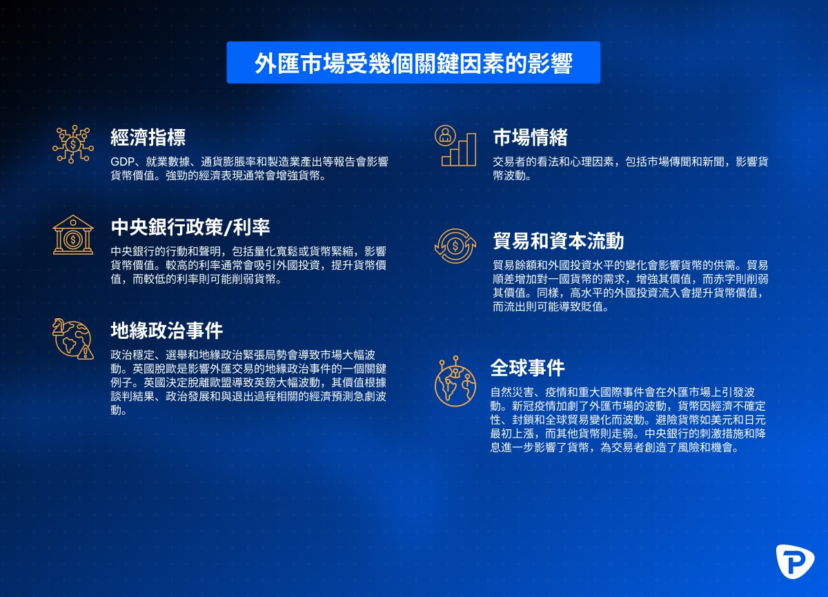 Infographic detailing key factors influencing the Forex market, including economic indicators and policies