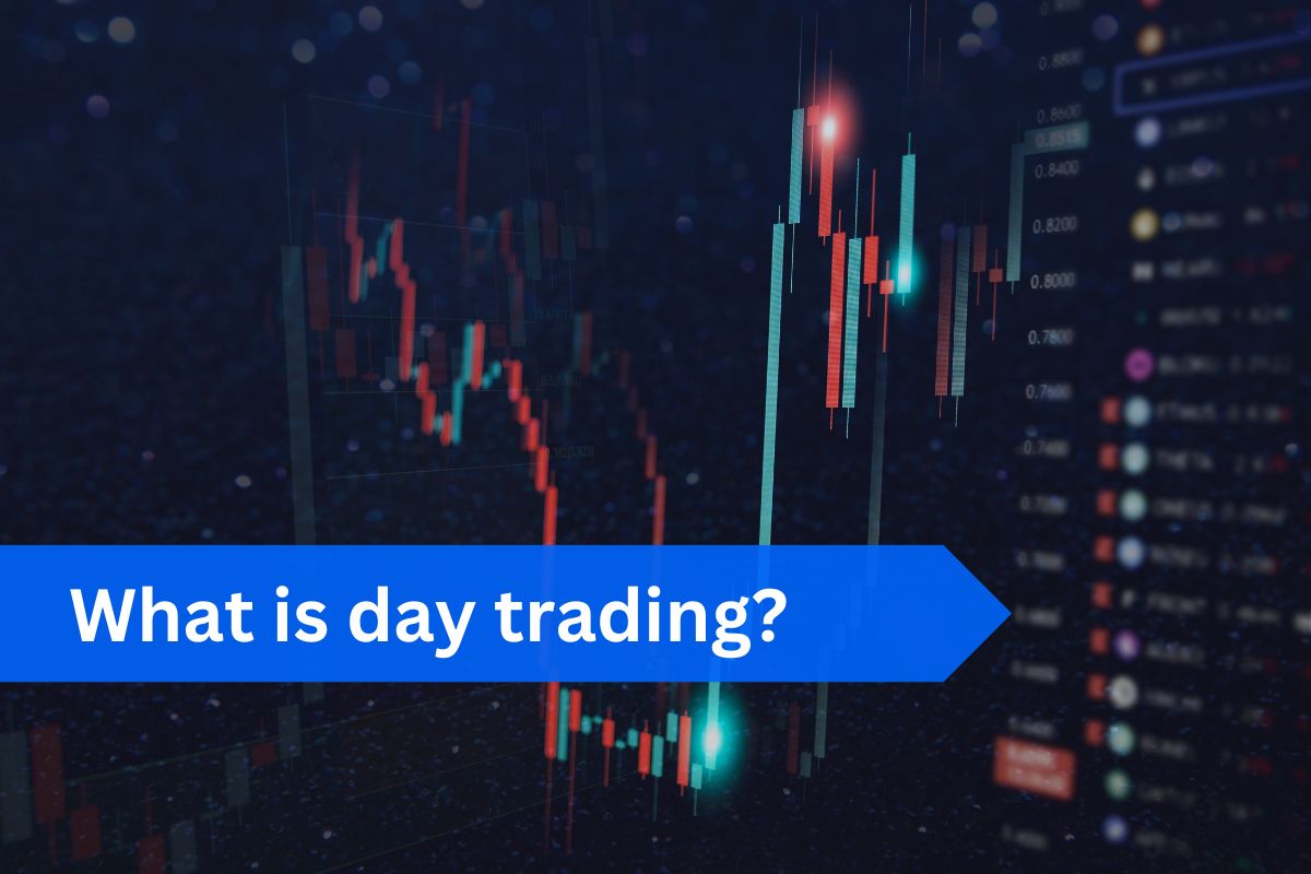Graphical representation of candlestick charts and financial data on a dark background with the text 'What is day trading?' in a blue banner.