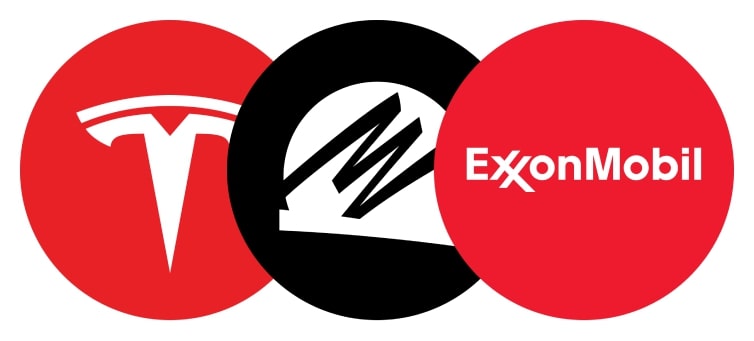 Logos of Tesla, XOM, and NEE displayed in overlapping circles..jpg